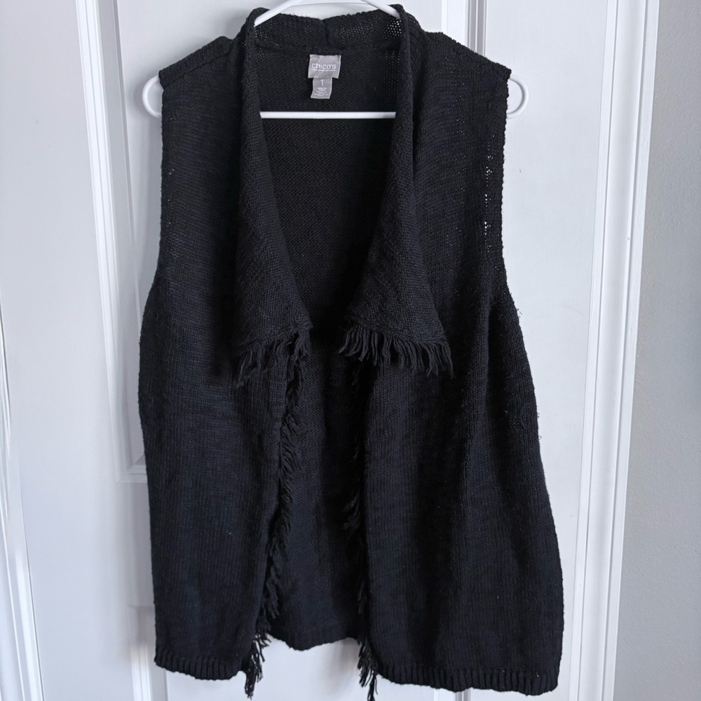 Chico’s Black, sleeveless Cardigan with fringe.Size 1. Cotton/acrylic. Like new